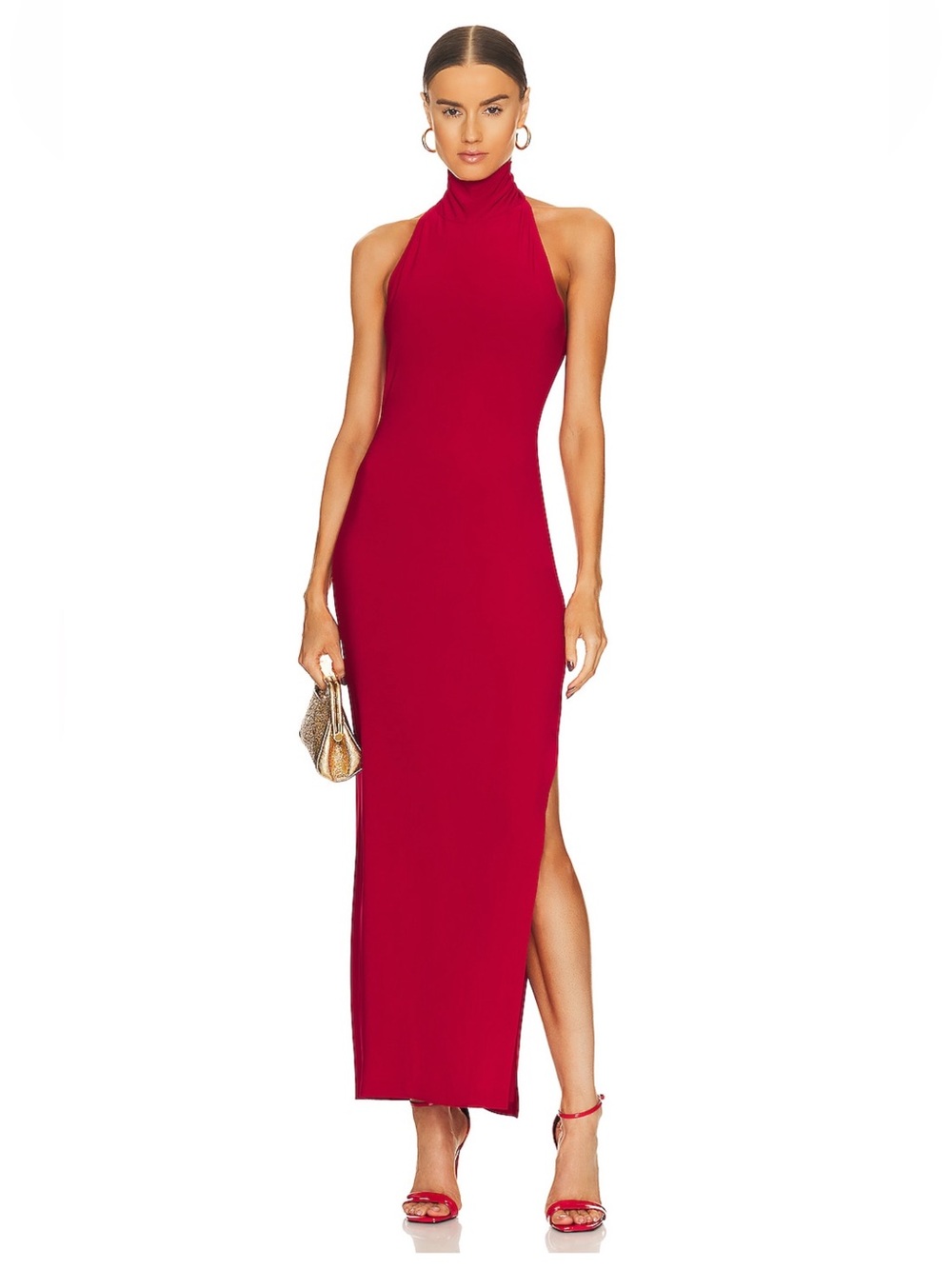 Red Turtleneck Halter Maxi Dress